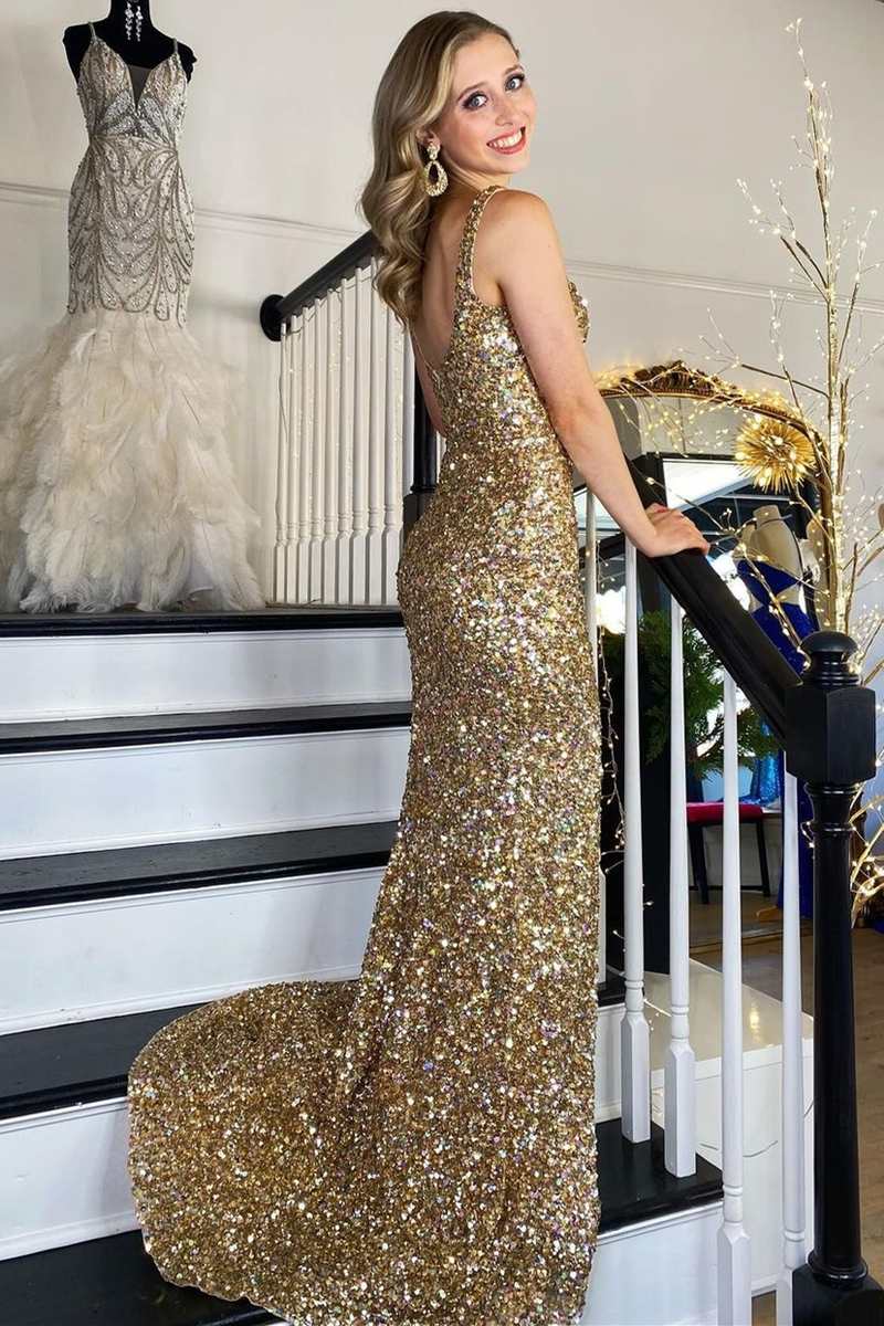 Mermaid Straps Gold Sequin Square Neck Backless Long Prom Dress with Slit Sparkly