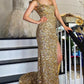 Mermaid Straps Gold Sequin Square Neck Backless Long Prom Dress with Slit Sparkly