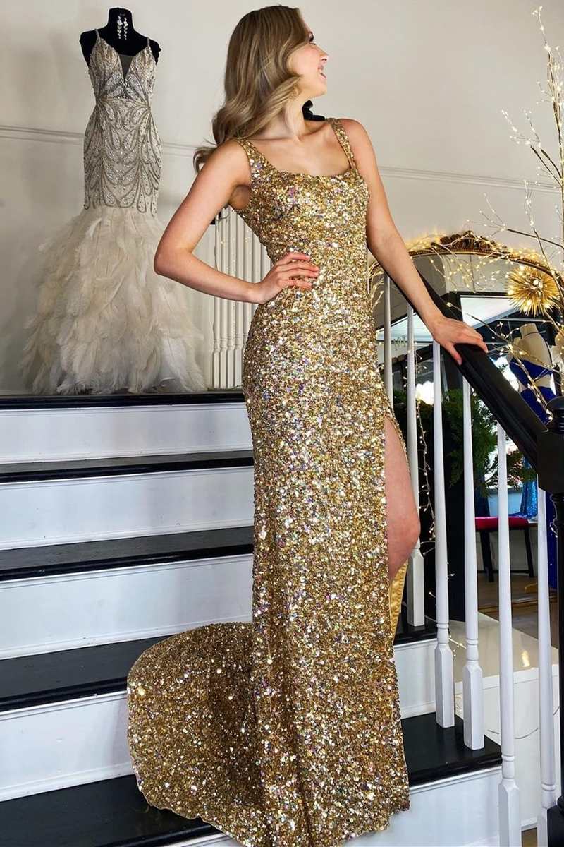 Mermaid Straps Gold Sequin Square Neck Backless Long Prom Dress with Slit Sparkly
