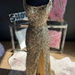 Mermaid Straps Gold Sequin Square Neck Backless Long Prom Dress with Slit Sparkly
