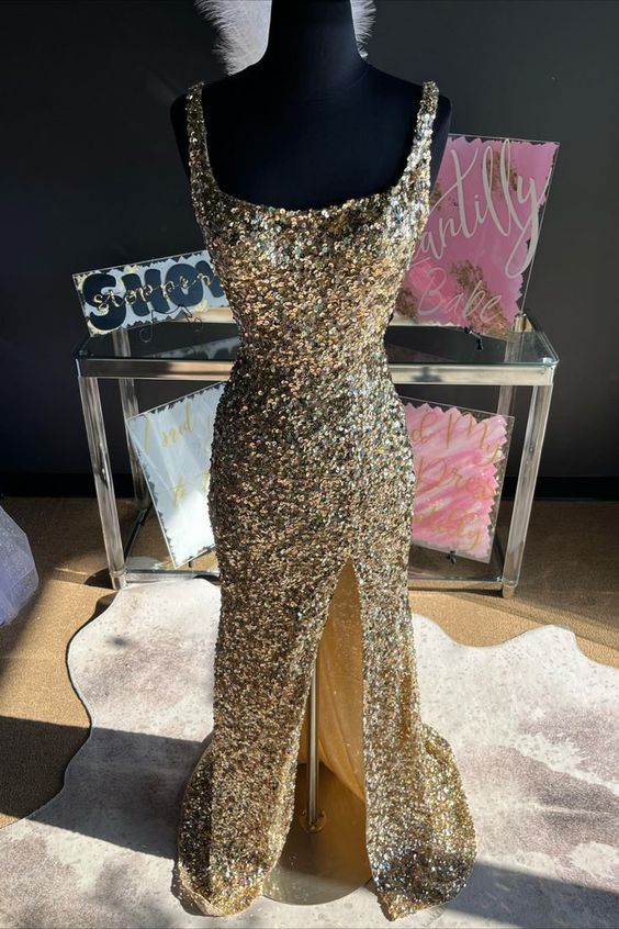Mermaid Straps Gold Sequin Square Neck Backless Long Prom Dress with Slit Sparkly