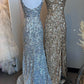 Mermaid Straps Gold Sequin Square Neck Backless Long Prom Dress with Slit Sparkly