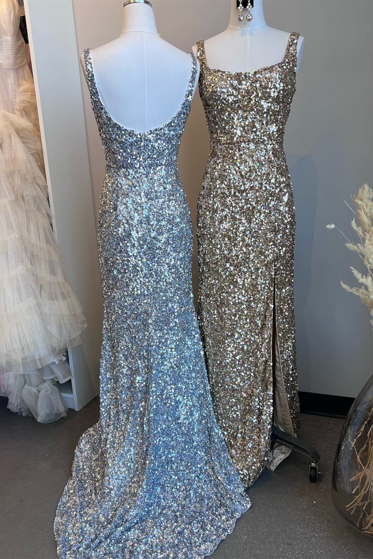 Mermaid Straps Gold Sequin Square Neck Backless Long Prom Dress with Slit Sparkly