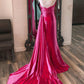 Mermaid Sweetheart Satin Split Prom Dresses with Attached Train Off Shoulder Evening Dress