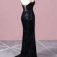 Mermaid V Neck Spaghetti Straps Sequin Black Sparkle Prom Dresses Sexy Evening Dresses