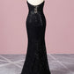 Mermaid V Neck Spaghetti Straps Sequin Black Sparkle Prom Dresses Sexy Evening Dresses