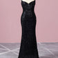 Mermaid V Neck Spaghetti Straps Sequin Black Sparkle Prom Dresses Sexy Evening Dresses