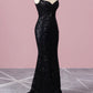 Mermaid V Neck Spaghetti Straps Sequin Black Sparkle Prom Dresses Sexy Evening Dresses