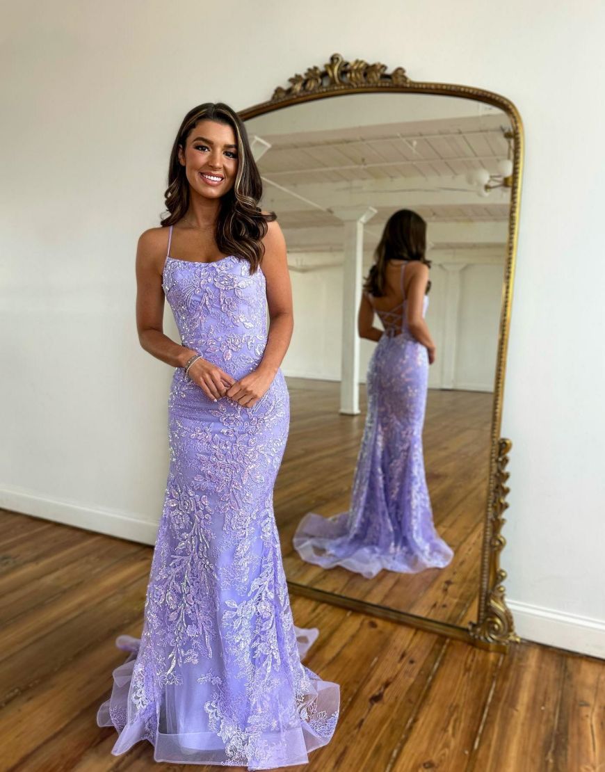 Mermaid Spaghetti Straps Corset Back Lilac Long Prom Dress