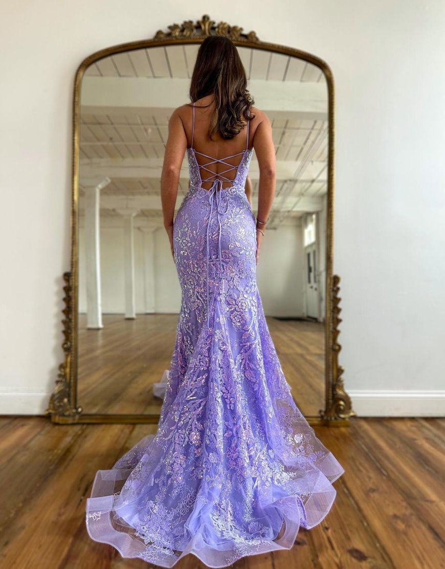 Mermaid Spaghetti Straps Corset Back Lilac Long Prom Dress
