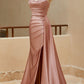 Mermaid Sweetheart Satin Split Prom Dresses with Attached Train Off Shoulder Evening Dress