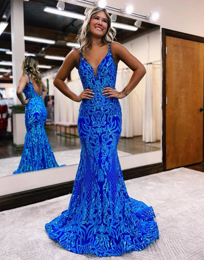 Mermaid V-Neck Gorgeous Patterns Royal Blue Prom Dress