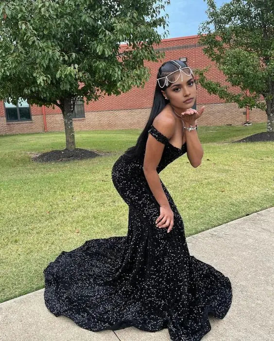 Mermaid Off the Shoulder Black Sequins Long Prom Dress Sexy Party Evening Gown Elegant Formal Dress
