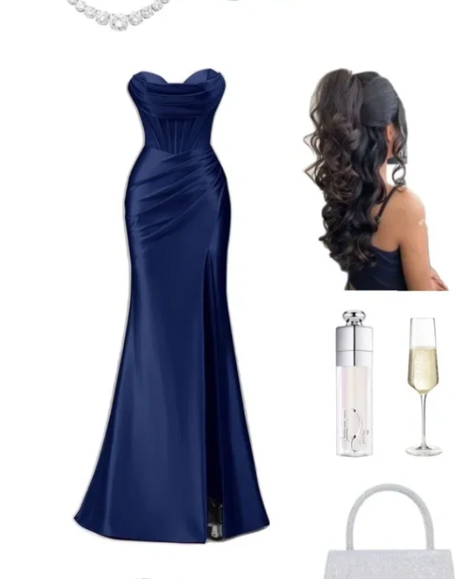 Mermaid Sweetheart Pleated Satin Long Formal Prom Dress With Slit Elegant Evening Gown Charming Wedding Guest Party Dress No With Accessories