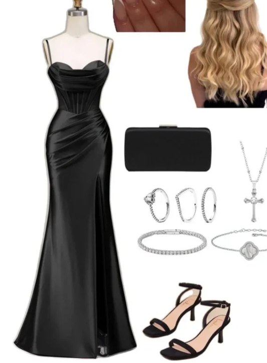 Mermaid Sweetheart Spaghetti Straps Satin Long Formal Prom Dress With Slit Elegant Evening Gown Charming Wedding Guest Party Dress No With Accessories