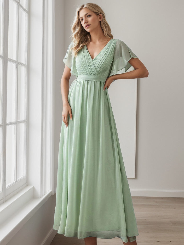 A-Line Pleated Chiffon Tie-Waist Evening Dress V-neck Party Dress