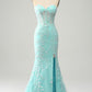 Mermaid Grey Blue Sweetheart Corset Appliques Prom Dress With Side Slit Off Shoulder