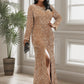 Plus Size Long Sleeve Sequin Front Slit Bodycon Evening Dress Sparkly