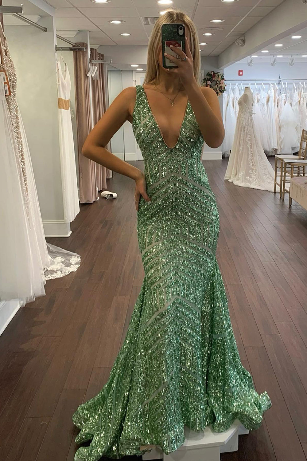 Sparkly Deep V Neck Sequin Mermaid Prom Dress Sparkly Evening Dresses