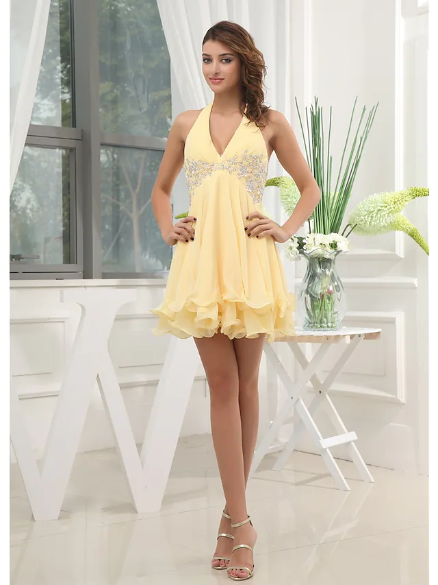 A-Line Elegant Party Wear Wedding Guest Cocktail Party Dress Halter Neck Sleeveless Short Mini Chiffon