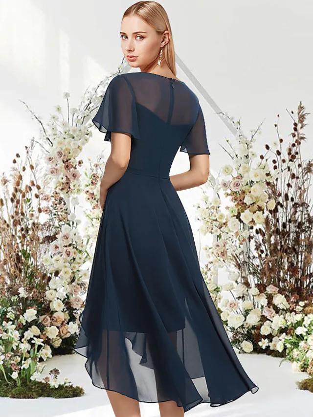 A-Line Empire Elegant Wedding Guest Engagement Dress Jewel Neck Short Sleeve Asymmetrical Knee Length Chiffon