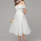 A-Line White Elegant Engagement Cocktail Party Dress Off Shoulder Sleeveless Tea Length Organza with Criss Cross