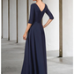 Mother of the Bride Dress Elegant V Neck Floor Length Stretch Fabric Half Sleeve with Sash Ribbon Bow(s)