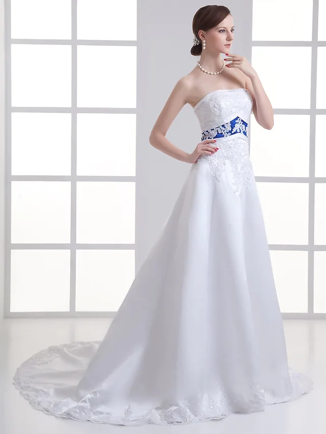 A-Line Wedding Dresses Strapless Court Train Lace Satin Strapless with Sashes Ribbons Beading