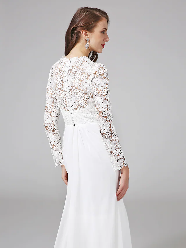 Wedding Dresses V NeckChiffon Floral Lace Long Sleeve Romantic Boho Illusion Sleeve with Lace