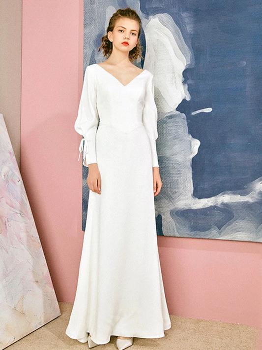 A-Line Wedding Dresses V Neck Floor Length Chiffon Long Sleeve Simple Vintage with Bow(s) Pure Color