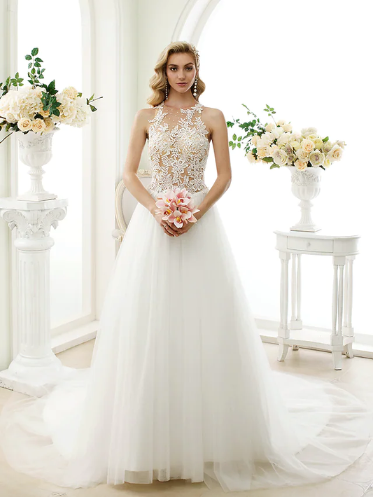 Ball Gown Wedding Dresses Jewel Neck Chapel Train Lace Tulle Lace Over Tulle Regular Straps See-Through Beautiful Back with Buttons