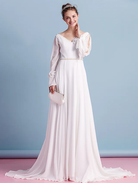 Wedding Dresses V Neck Court Train Chiffon Long Sleeve with Beading Pure Color