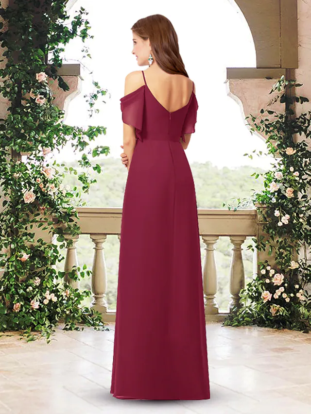 A-Line V Neck Floor Length Chiffon Bridesmaid Dress with Pleats Split Front Pure Color