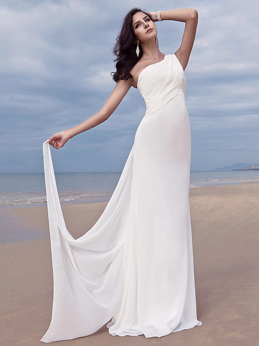 Wedding Dresses One Shoulder Chiffon Regular Straps Simple Plus Size Pure Color
