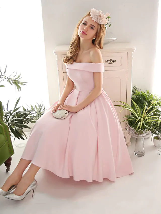 A-Line Elegant Vintage Engagement Cocktail Party Dress Off Shoulder Sleeveless Tea Length Stretch Fabric