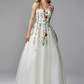 A-Line White Floral Quinceanera Formal Evening Valentine's Day Dress V Neck Sleeveless Floor Length Lace Tulle with Embroidery