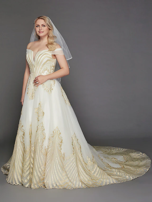 Princess Wedding Dresses Off Shoulder Chapel Train Lace Tulle Cap Sleeve Glamorous Illusion Detail