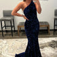 Coral Sequins One Shoulder Mermaid Long Prom Dress Sparkly Evening Dresses
