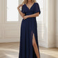 Chiffon Illusion V-Neck Flutter Sleeve Front Slit Evening Dress Sexy