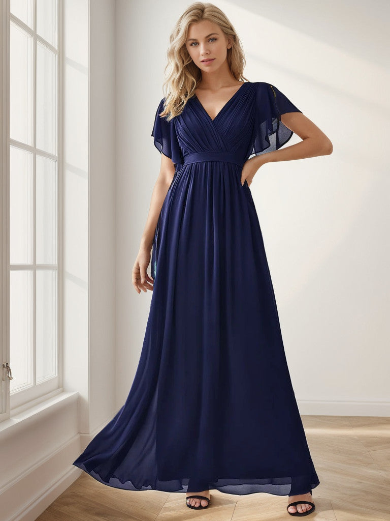 A-Line Pleated Chiffon Tie-Waist Evening Dress V-neck Party Dress