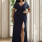 Plus Size Front Slit Short Sleeve With Sequin Mother of the Bride Dress Sexy