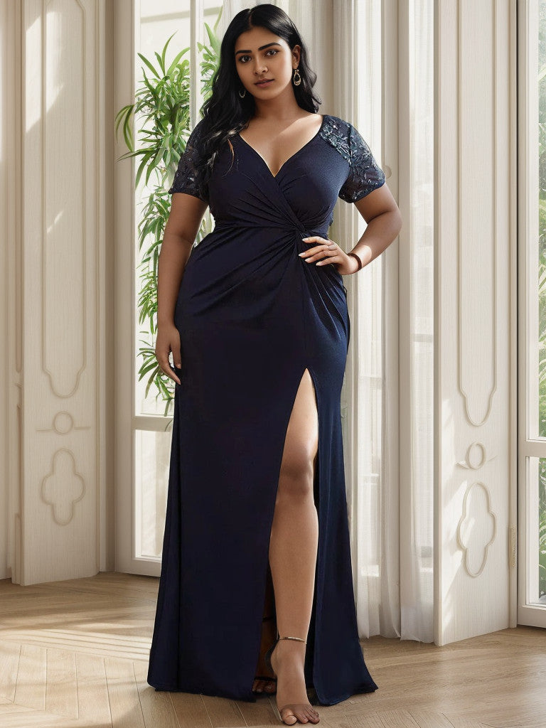Plus Size Front Slit Short Sleeve With Sequin Mother of the Bride Dress Sexy