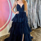 A-Line Deep V Neck Tiered Long Prom Dress Sexy