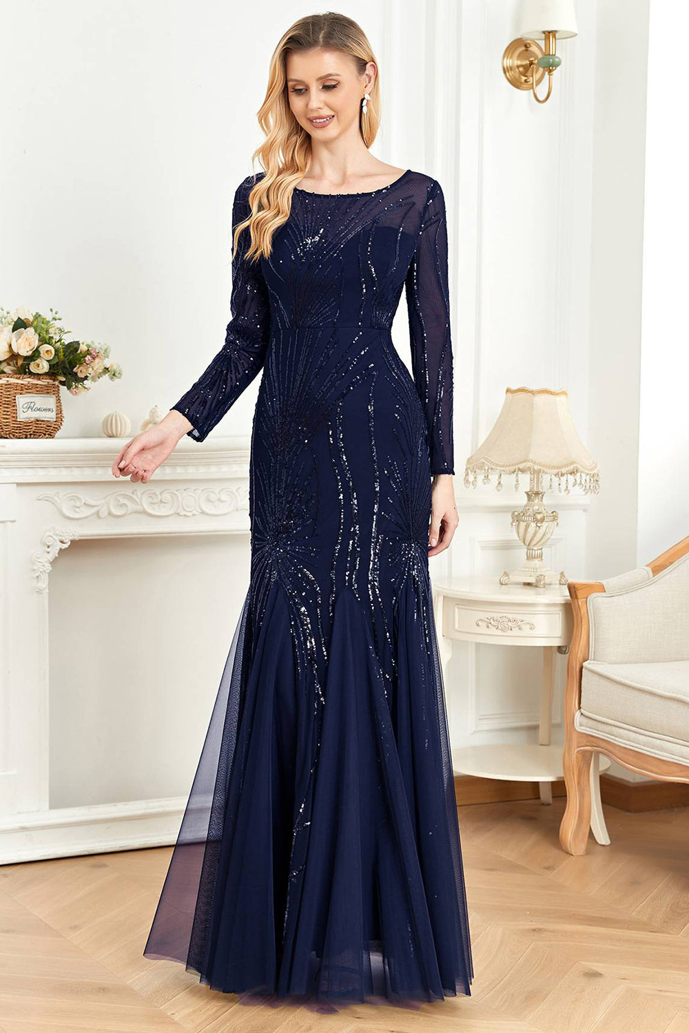 Black Mermaid Round Neck Long Prom Dress With Appliques Sparkly Evening Dresses