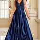 Navy Satin A Line Long Prom Dress Sparkly Evening Dresses