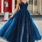 Navy Ball-Gown Spaghetti Straps V-Neck Long Beaded Tulle Prom Dresses Sparkly Evening Dresses
