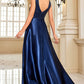 Navy Satin A Line Long Prom Dress Sparkly Evening Dresses