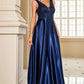 Navy Satin A Line Long Prom Dress Sparkly Evening Dresses