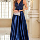 Navy Satin A Line Long Prom Dress Sparkly Evening Dresses