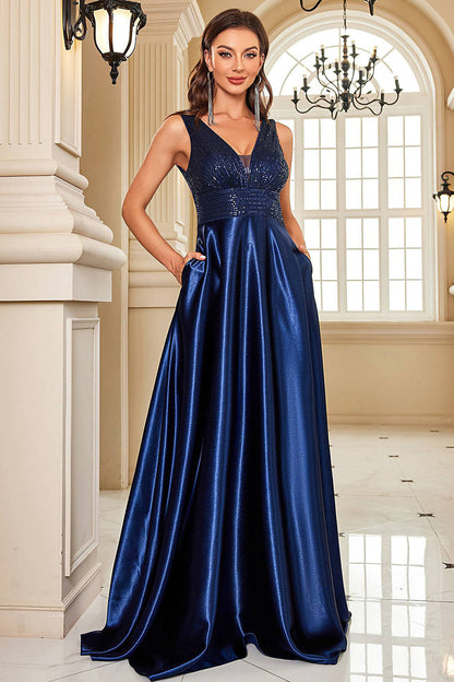 Navy Satin A Line Long Prom Dress Sparkly Evening Dresses